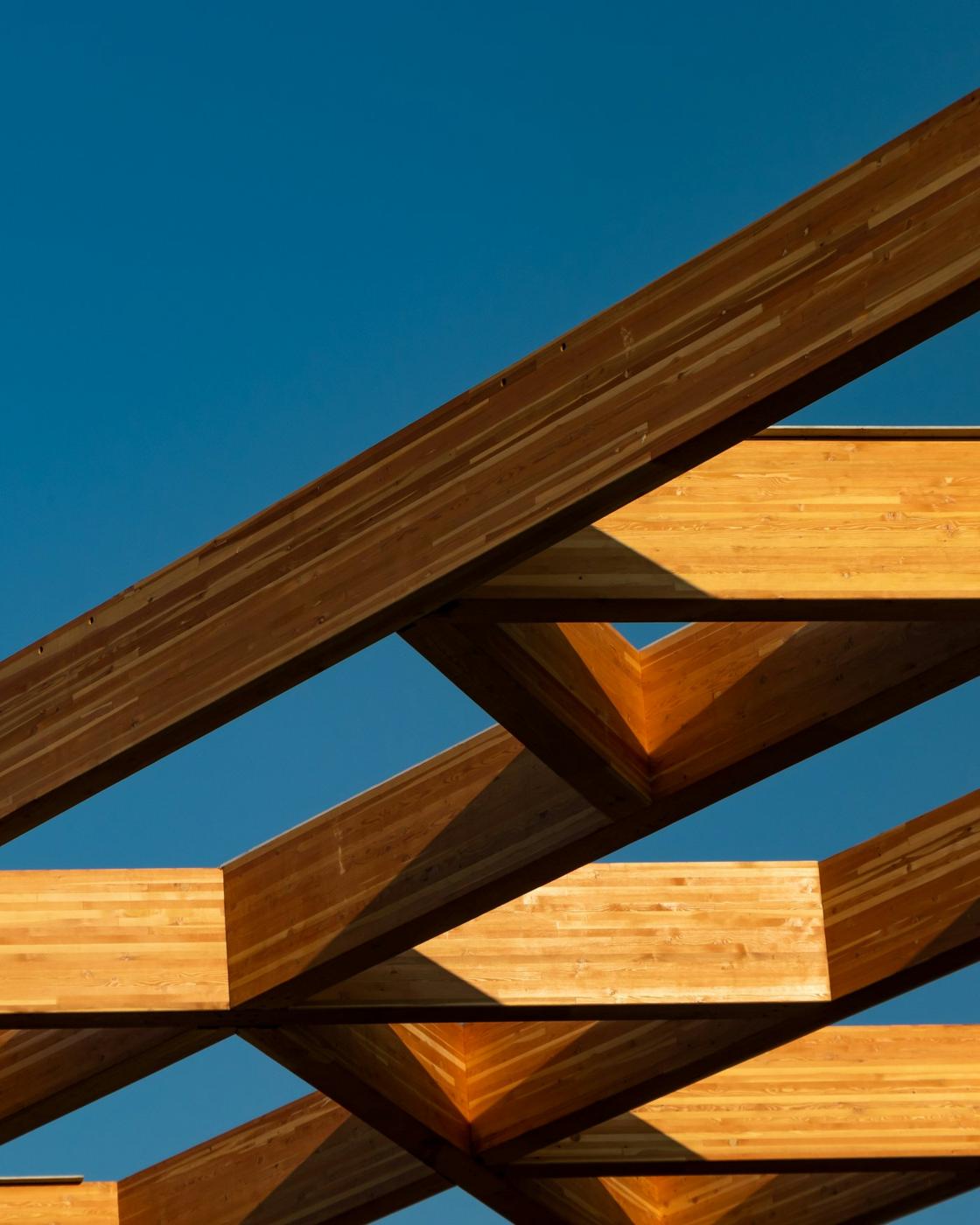 Vigas de madera de una pérgola contra el cielo